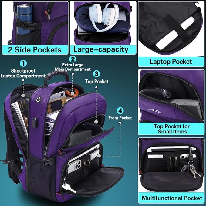 ProEtrade Travel Backpack, Extra Large Laptop Backpack School Business Anti Theft TSA Approved College Work Computer Bag Fits 17 Inch Laptop with USB Charging Port Bookbag for Women Men(Purple)