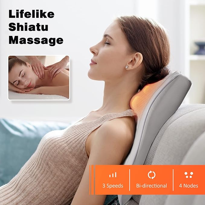 Boriwat Neck and Shoulder Massager with Heat, Shiatsu Massage Pillow with 3D Deep Tissue Kneading for Back Legs Foot Body Pain Relief,at Home Office Car, Gift for Mom & Dad