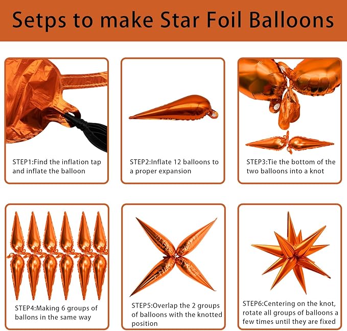 60Pcs Orange Star Balloons Foil Explosion Mylar Balloon 12 Point Spike Ballons Metallic Photo Backdrops for Christmas Halloween Thanksgiving Wedding Anniversary Birthday Fall Theme Party Decorations