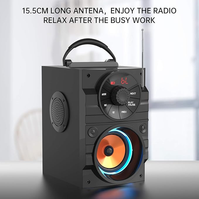 Portable Big Bluetooth Speakers with Light, Wireless with Subwoofer, FM Radio, LED Lights, EQ, Booming Bass, Bluetooth 4.2 Stereo Loud Outdoor/Indoor Retro , for Home, Camping, Travel