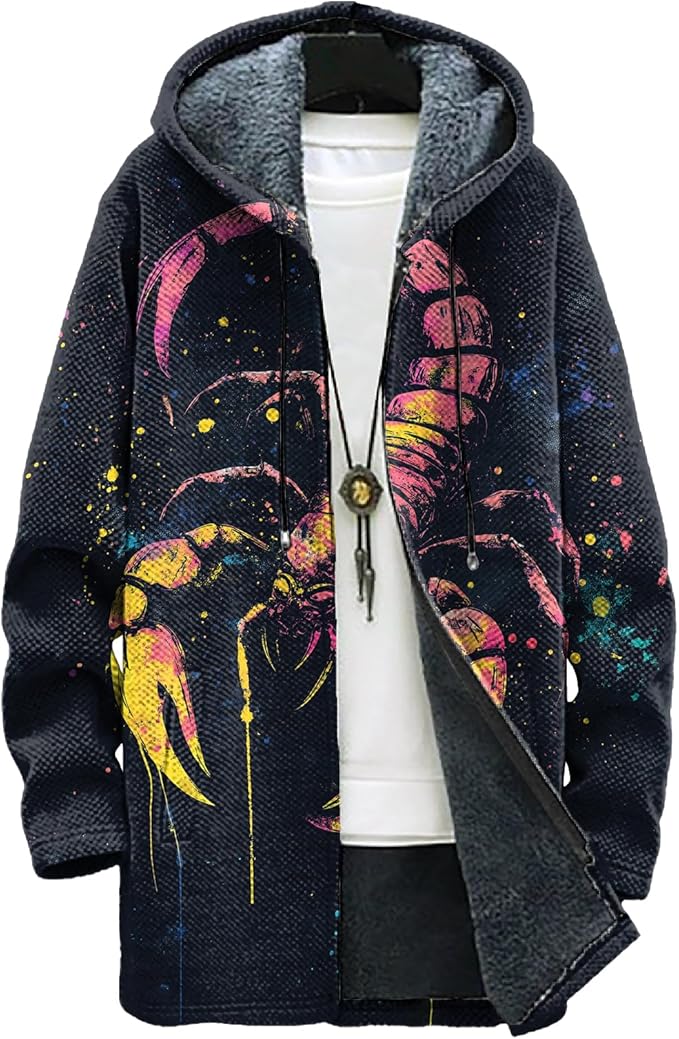 MARSVOVO Long Hooded Cardigan Men Japanese Art Style Fashion Cool Graphic Streetwear Winter Warm Lined Fleece Jacket