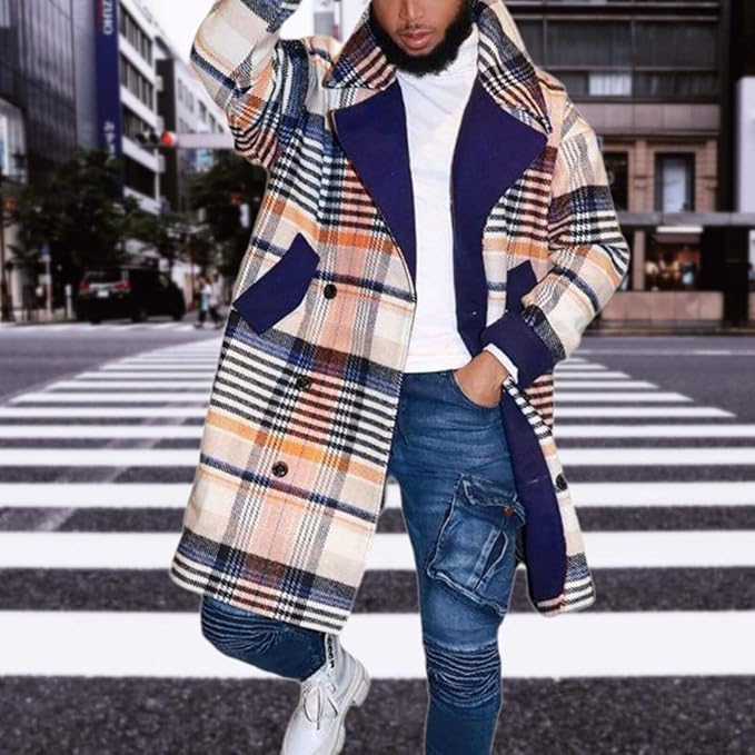 Men's Plaid Long Trench Coat Mid - Length Lapel Collar Button Down Warm Overcoat for Winter & Autumn Fashion