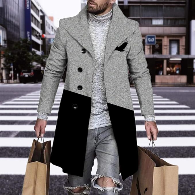 Men's Plaid Long Trench Coat Mid - Length Lapel Collar Button Down Warm Overcoat for Winter & Autumn Fashion