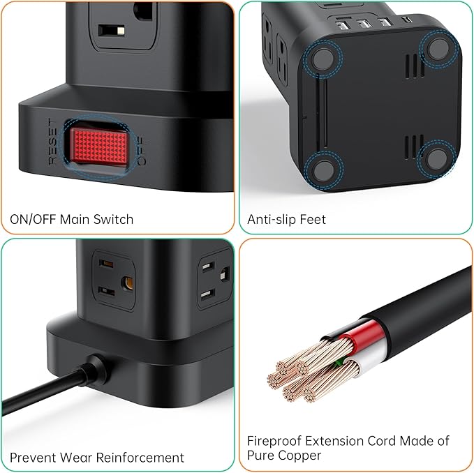 PD 20W USB C Surge Protector, Mini Power Strip Tower Travel 12 AC 4 USB Power Strip with USB Ports 10FT Overload Protection for Home Office
