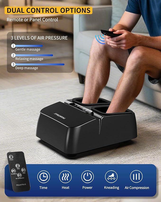 MOUNTRAX Foot Massager Machine with Heat, Foot Massager for Plantar Fasciitis, Neuropathy Pain, Shiatsu Foot Massager with Remote, Fits Feet Up to Men Size 12 (Black)