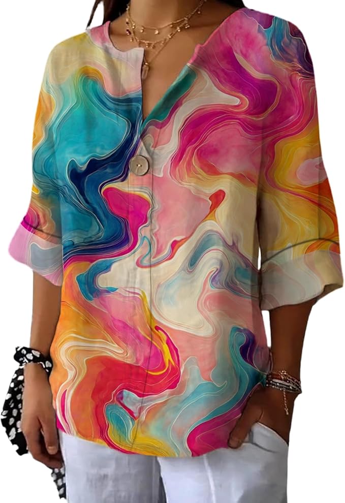 Fashion Shirts for Women Loose Fit Button Down V Neck Blouse 3/4 Sleeves Casual Tunic Tops Summer Outfits