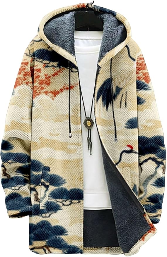 2025 Men's Ethnic Pattern Hooded Jacket Long Cardigan Hoodies Full Zip Vintage Knitted Zipper Coat with Pocket