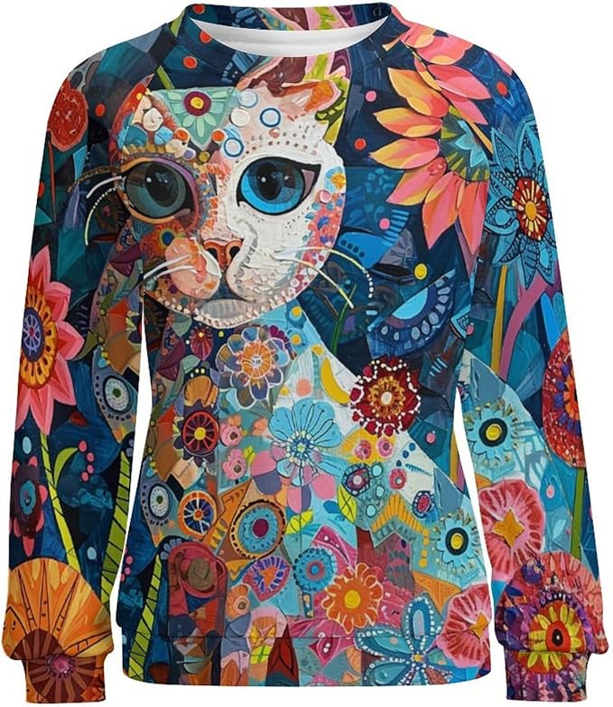 Sweatshirt for Women Cat Print Fashion Funny Plus Size Ladies Dressy Crewneck Casual Trendy Tee Shirts