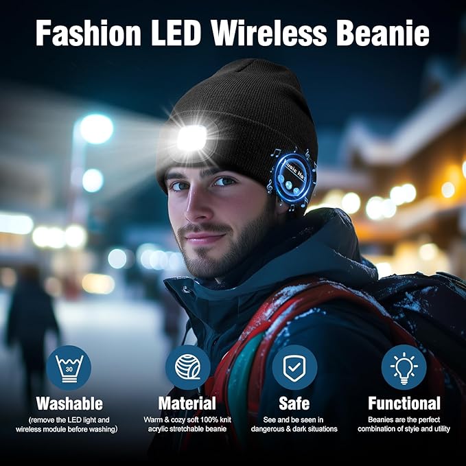 Bluetooth Beanie with Light, Rechargeable Unisex Wireless LED Music Cap, Gifts for Men Women