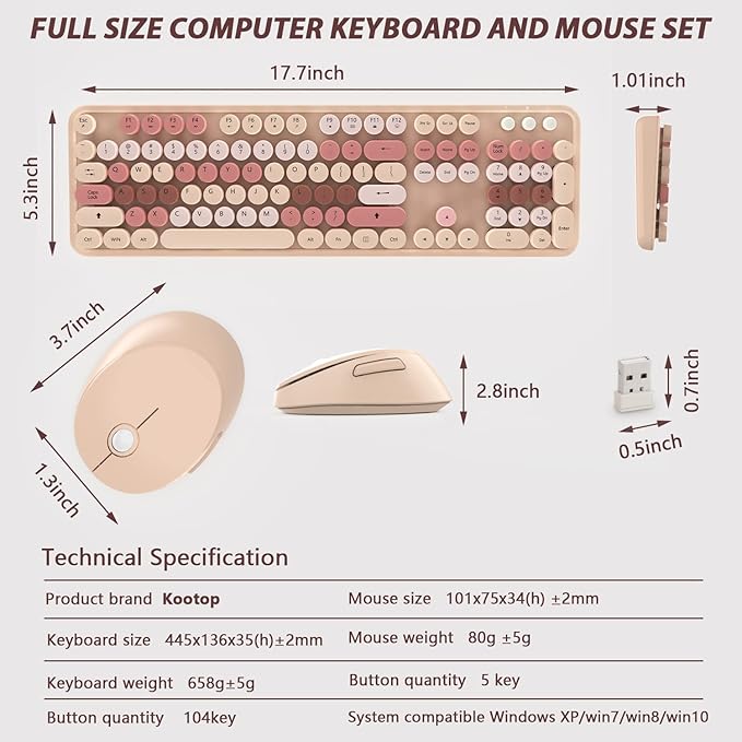 Wireless Keyboard and Mouse, KOOTOP Cute Keyboard and Mouse, 2.4G Wireless Keyboard with Retro Round Keycap for PC, Mac, Laptop,Computer Windows (Milk Tea)
