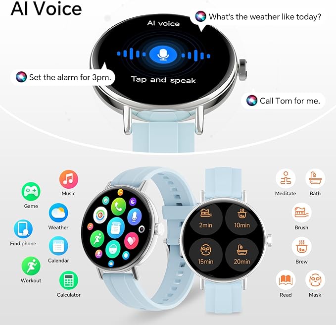 Smart Watches for Men/Women,1.27" HD Fitness Watch Answer/Make Call, Heart Rate/Sleep/SpO2，Round Smart Watch for iPhone/Samsung/Android,IP68 Waterproof，110+ Sport Mode-Blue(2 Bands)