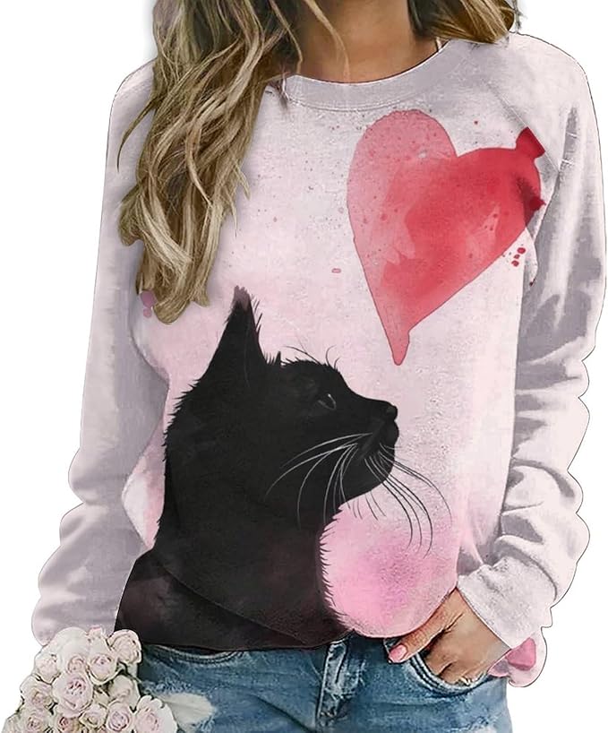 Long Sleeve Shirt Women Fall Cat Print Funny Hide Belly Vacation Plus Size Ladies Hippie Dressy Sweaters