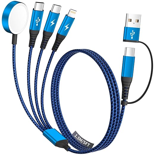 Multi Charging Cable for Apple Watch Charger, 4 in 2 USB A/C Phone Charger Cord with Dual Type-C/IP, iWatch Magnetic Cable Nylon Travel Essentials Compatible with iWatch/iPhone 17-11/Pod/Android, 5FT