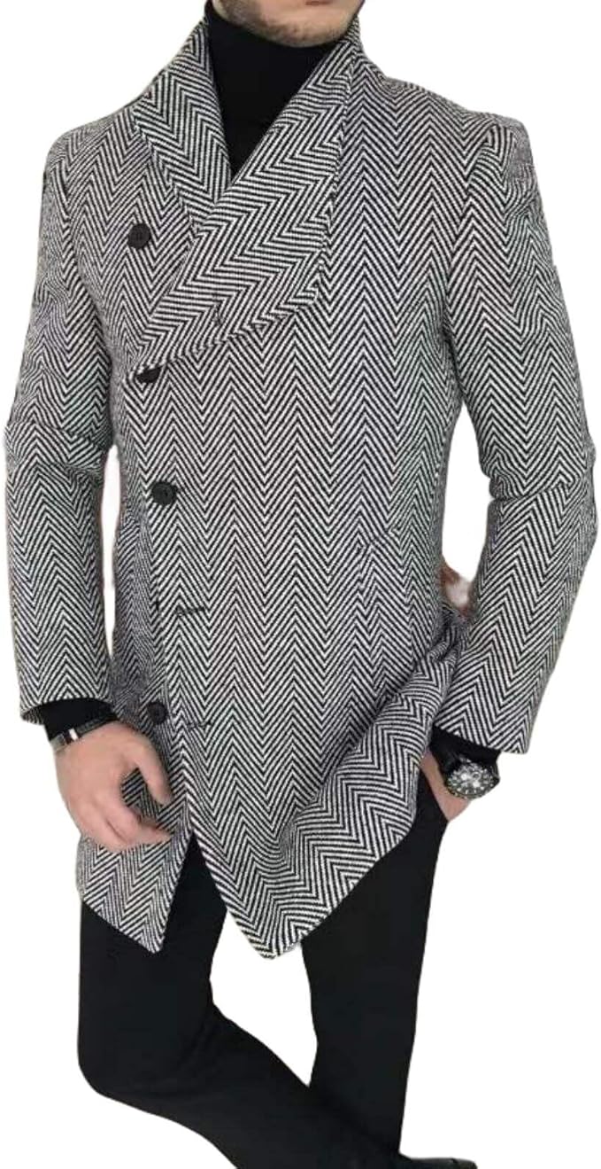 Men's Plaid Long Trench Coat Mid - Length Lapel Collar Button Down Warm Overcoat for Winter & Autumn Fashion