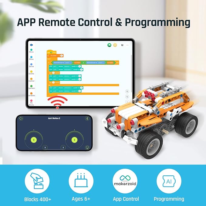 makerzoid STEM Coding Robot Kits for Kids Ages 6+, 26-in-1 Educational Programmable Scratch Coding Robotics Kit, APP RC Robot Car Birthday Children's Day Gift for Boy Girls(400+ Pcs)