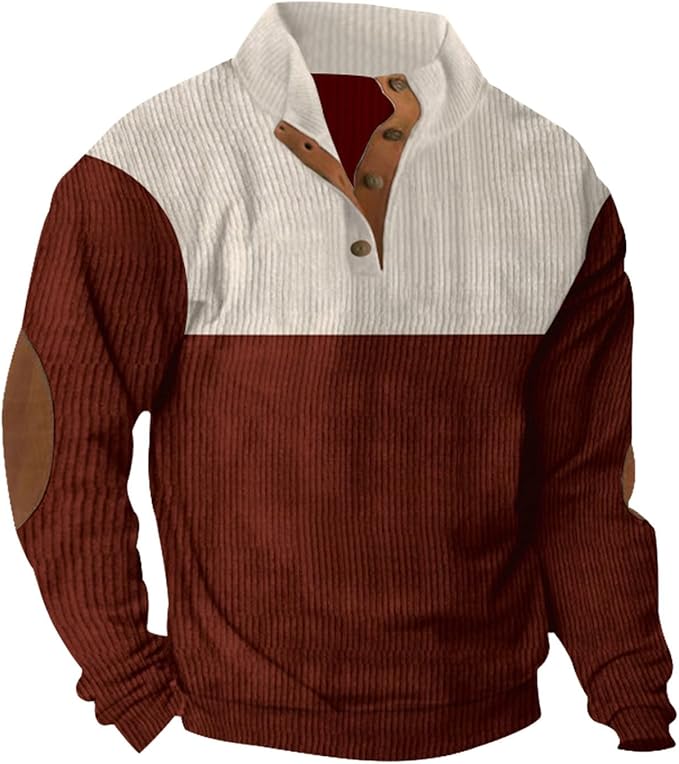 Men's Quarter Button Quilted Sweatshirt Classic Long Sleeve Elbow Patches Stand Collar Color Block Sweatshirts