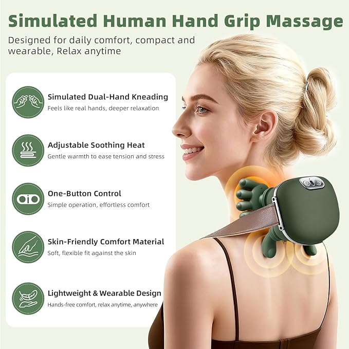 Neck Massager - Portable Shiatsu Neck and Back Massager, Bionic Heat Electric Shoulder Massage for Pain Relief, 4D Kneading Massage, Simulated Human Hand Design for Neck, Back, Shoulder-Green