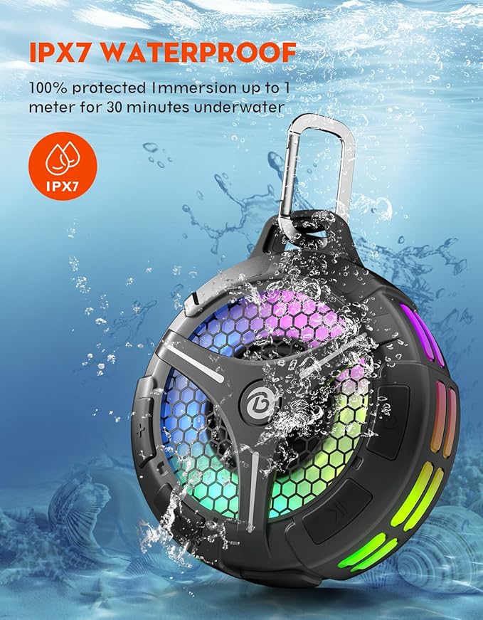 Bluetooth Shower Speaker, Suction Cup, Small Portable Wireless IPX7 Waterproof Outdoor Speakers, 15W Loud Stereo Sound Deep Bass, TWS Pairs, 6 Mode RGB Lights, All Ages Gift for Christmas