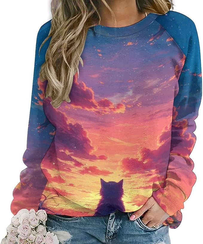 Long Sleeve Shirts for Women Cat Printed Fall Winter Dressy Holiday Casual Fashion Crewneck Tunic Tee Shirts