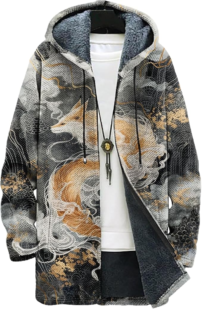 MARSVOVO Long Hooded Cardigan Men Japanese Art Style Fashion Cool Graphic Streetwear Winter Warm Lined Fleece Jacket