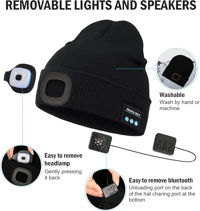 CENSGO Bluetooth Beanie with The Light, Unique Tech Gifts for Men Husband Him Teen, Wireless Headphones for Fishing Jogging Working, Christmas Stocking Dark Grey