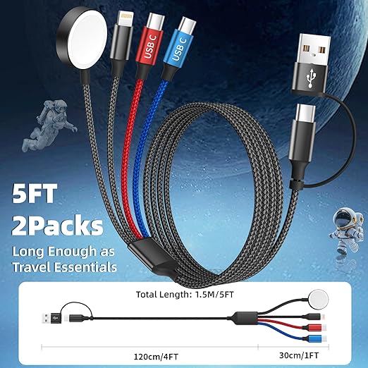 Dual Type-C Port 4 in 2 Multi Charging Cable for Apple iWatch Charger/iPhone 17/Lightning, Travel Charger for Multiple Devices, iPhone 17 Charger for iWatch Ultra/SE/11-2, iPhone16-8, iPad - 2Pcs 5FT