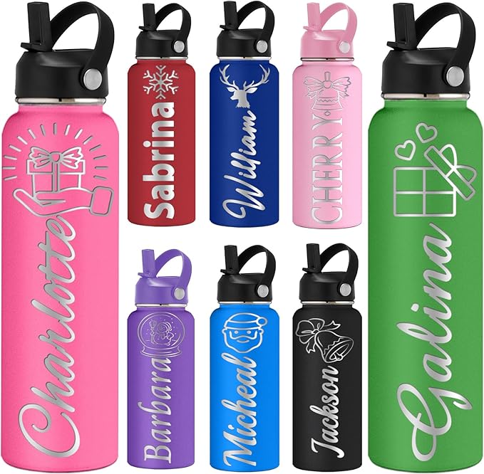 kioskbanks Custom Water Bottle 12/18/24/32/40oz Personalized Water Bottles for Kids Engraved Name Personalized Stainless Steel Water Bottles with Straw Lid