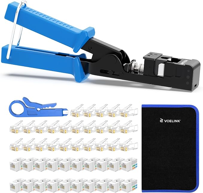 VCELINK Speed Termination Keystone Tool for VCE 90-Degree Keystone Jacks Punch Down Network Tool Kit with 20-Pack CAT6 Keystone Jacks UL-Listed White, 25-Pack RJ45 Connectors and One Mini Wire Strippe