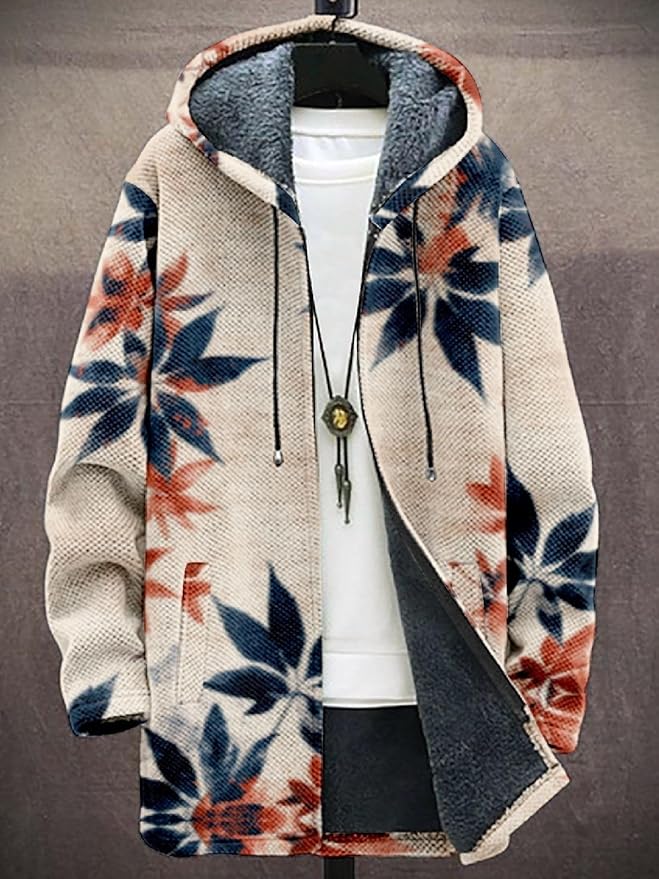 2025 Men's Ethnic Pattern Hooded Jacket Long Cardigan Hoodies Full Zip Vintage Knitted Zipper Coat with Pocket