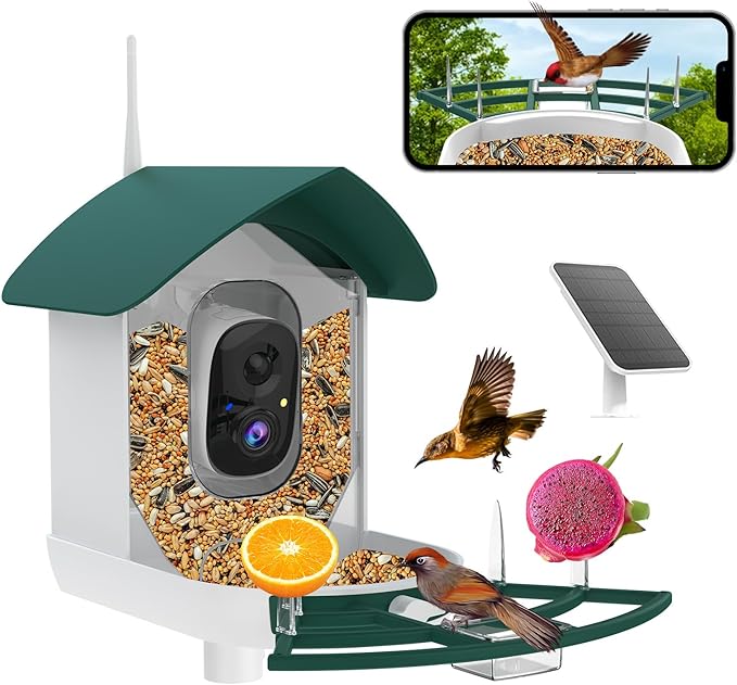 Bird Feeder with Camera,AI Identify Birds Species,Smart Birds Camera with Solar Powered,Auto Record FHD Feather Visitor Video in Backyard,Patio,Instant Notifications,Ideal Gifts for Bird Lovers