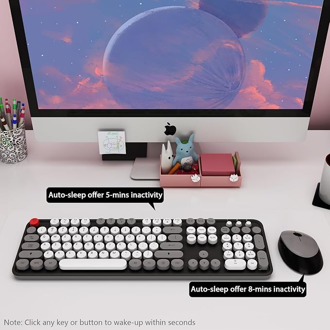 Wireless Keyboard and Mouse, KOOTOP Cute Keyboard and Mouse, 2.4G Wireless Keyboard with Retro Round Keycap for PC, Mac, Laptop,Tablet,Computer Windows (Grey)