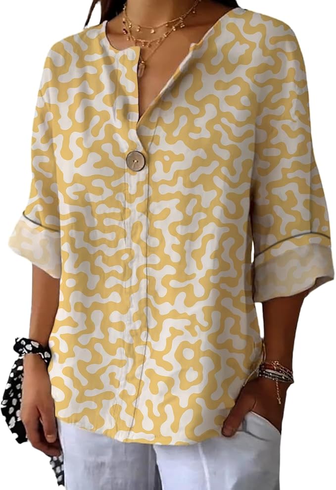 Fashion Shirts for Women Loose Fit Button Down V Neck Blouse 3/4 Sleeves Casual Tunic Tops Summer Outfits