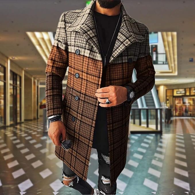 Men's Plaid Long Trench Coat Mid - Length Lapel Collar Button Down Warm Overcoat for Winter & Autumn Fashion
