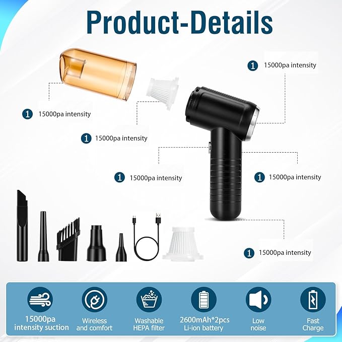 Car Vacuum Cleaner Portable Handheld Vacuum Cordless 15000Pa Mini Wireless Vacuum Cleaner for Car Home Pet Hair Office Cleaning Supplies