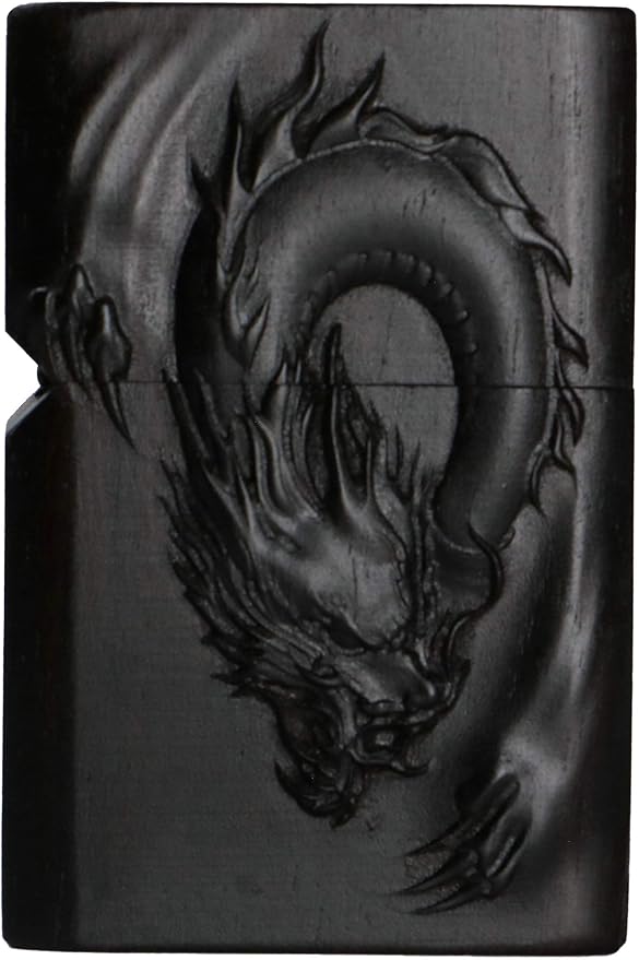 Natural Ebony Black Wood Carved Lighter Shell Box for Zippo Module (Dragon 1#)
