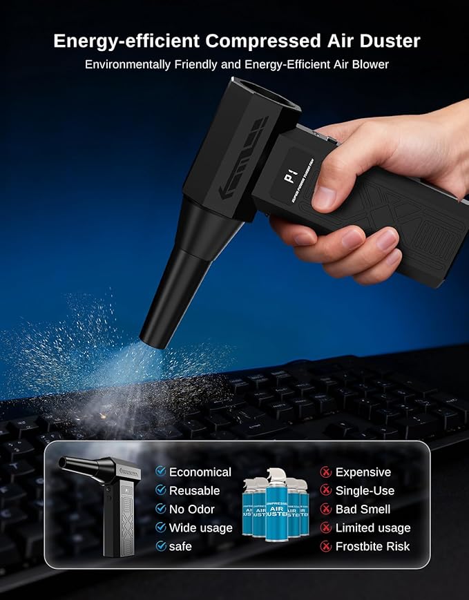 PECCODE Compressed Air Duster - Rechargeable Electric Air Blower for Keyboard,Camera,PC Vents,Car Interiors & Home,Outdoor Dusting - 280,000 RPM,5 Nozzles,4 Speeds,Fast Charging