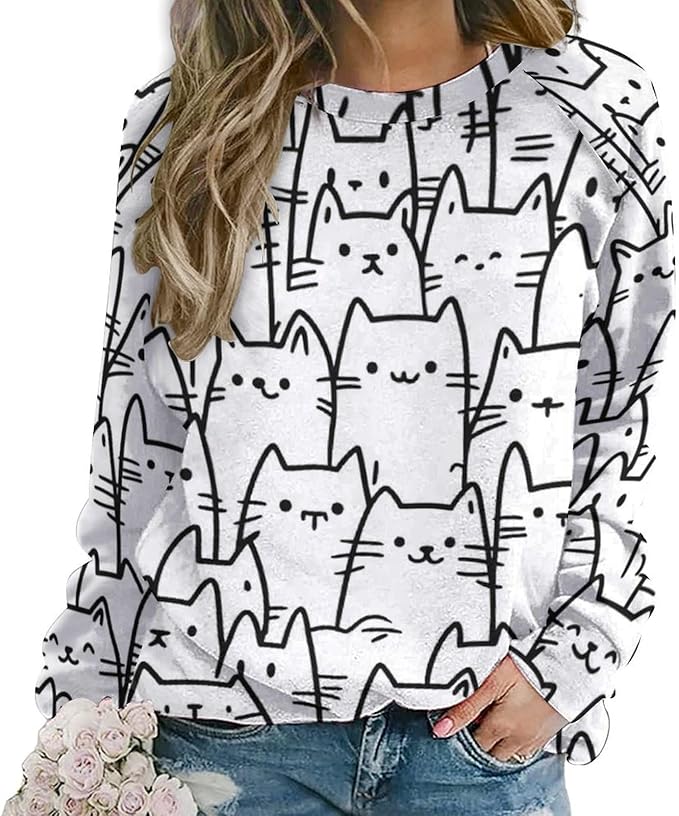 Fall Sweaters for Women 2024 Cat Print Long Sleeve Casual Crewneck Warm Fall Pullover Comfy Fashion Sweatshirts