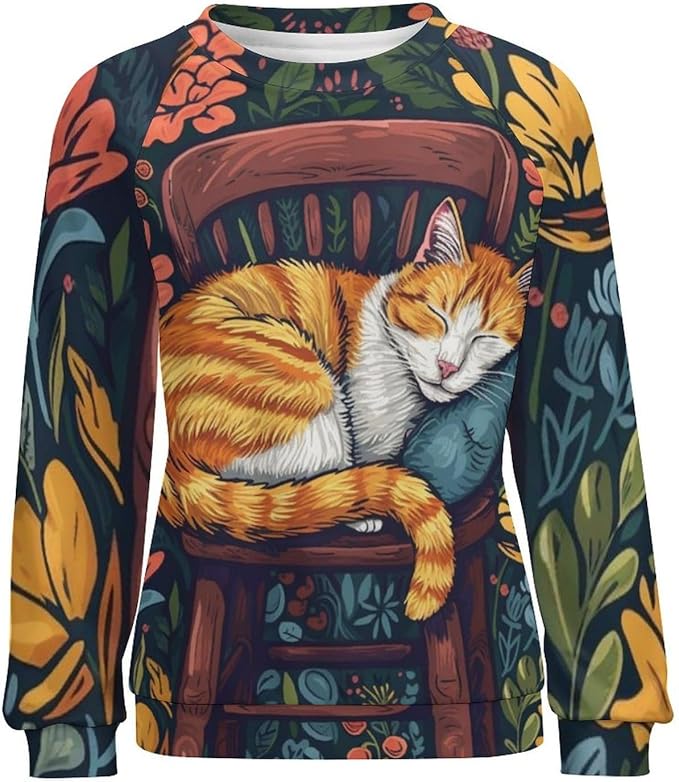 Sweatshirt for Women Cat Print Fashion Funny Plus Size Ladies Dressy Crewneck Casual Trendy Tee Shirts
