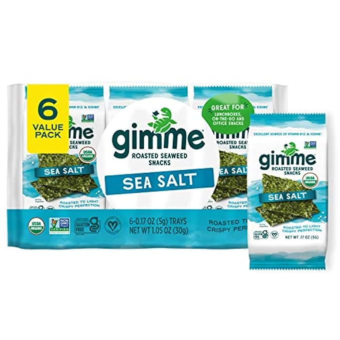 Gimme Seaweed Organic Premium Roasted Seaweed Snacks, Sea Salt, 6 Count, Keto, Vegan, Gluten-Free, Great Source of Omega3s and Iodine, Healthy On-The-Go Snack for Kids and Adults