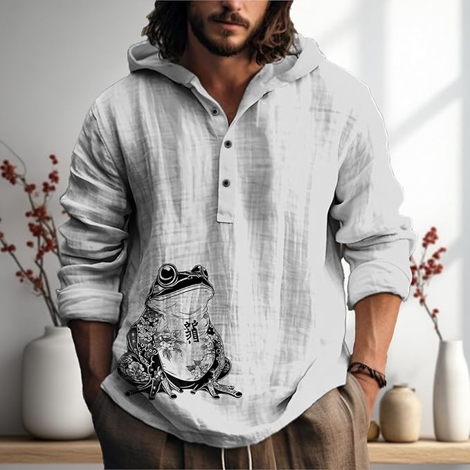 MARSVOVO Mens Japanese Art Long Sleeve Hooded Shirts Lightweight Quarter Button Hoodie Casual Cool Tops for Spring Fall