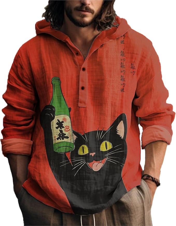 MARSVOVO Mens Japanese Art Long Sleeve Hooded Shirts Lightweight Quarter Button Hoodie Casual Cool Tops for Spring Fall