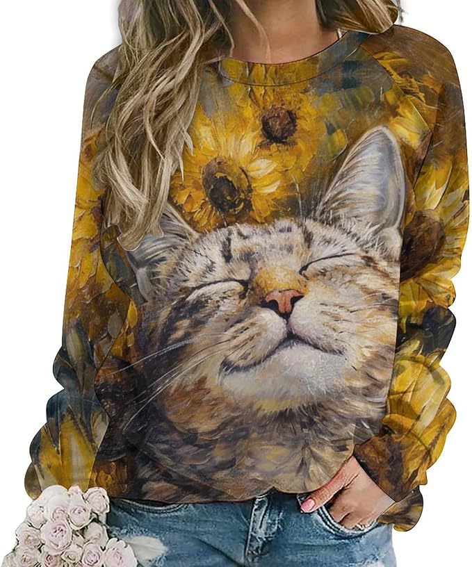 Sweatshirt for Women Cat Print Fashion Funny Plus Size Ladies Dressy Crewneck Casual Trendy Tee Shirts