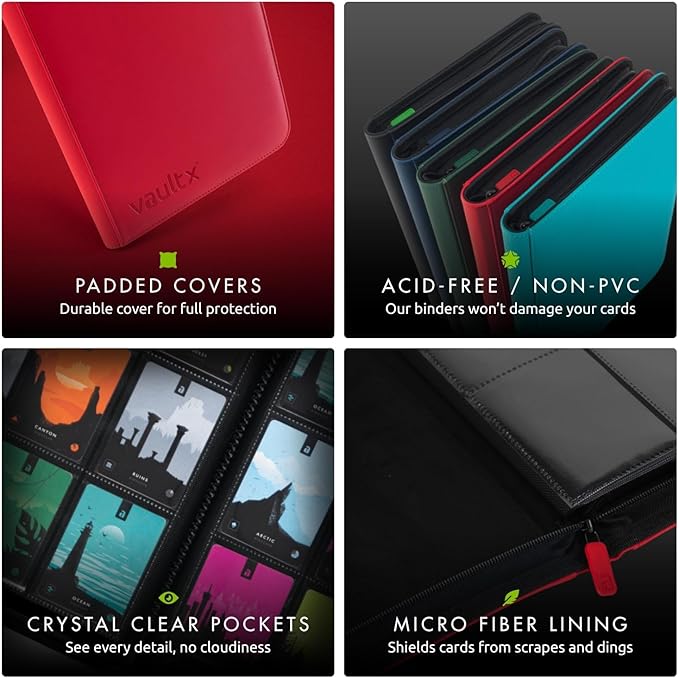 Vault X 12 Pocket Trading Card Zip Binder - 480 cards, Premium Exo-Tec Album Material, 20 Side-Loading Pages, Folder for Collectible Card Games, Sports, TCG (Red)