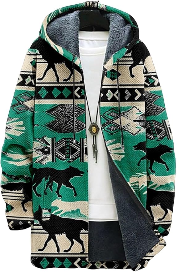 2025 Men's Ethnic Pattern Hooded Jacket Long Cardigan Hoodies Full Zip Vintage Knitted Zipper Coat with Pocket
