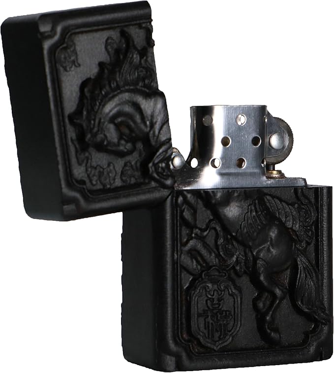 Natural Ebony Black Wood Carved Lighter Shell Box For Zippo Module (Rich Horse)