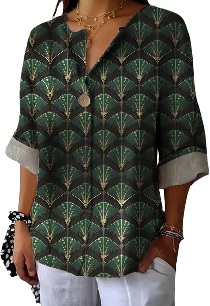 Fashion Shirts for Women Loose Fit Button Down V Neck Blouse 3/4 Sleeves Casual Tunic Tops Summer Outfits