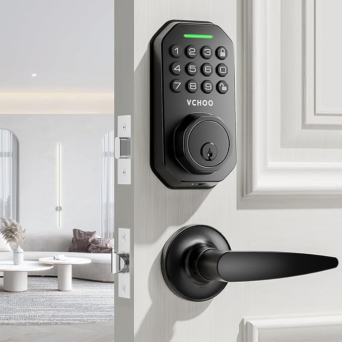 Keyless Entry Door Lock Set Smart Locks for Front Door Keypad Door Lock with Handle Auto Lock One Time Password Anti Peeping Password IP54, Black