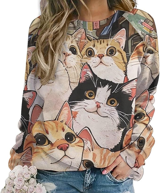 Long Sleeve Shirt Women Fall Cat Print Funny Hide Belly Vacation Plus Size Ladies Hippie Dressy Sweaters