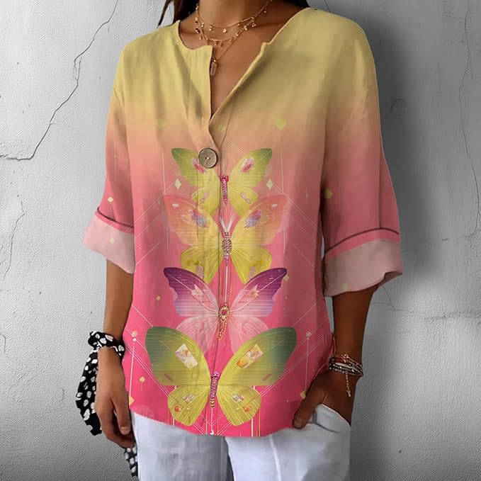 Fashion Shirts for Women Loose Fit Button Down V Neck Blouse 3/4 Sleeves Casual Tunic Tops Summer Outfits