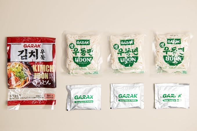 GARAK Kimchi Soup Udon Noodles (3 Packs) – Thick Japanese-Style Korean Noodles with Seasoning, Ready in 2 Minutes, Perfect for Quick Meals (645g / 22.75oz)